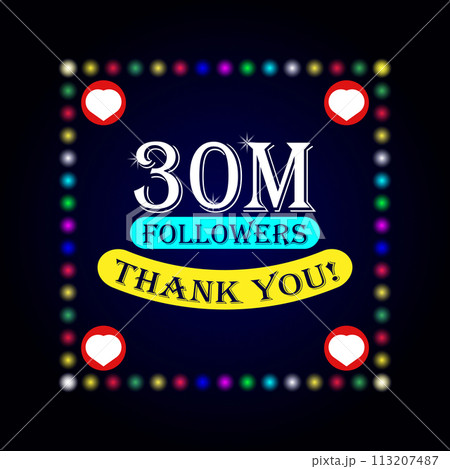 30M followers thank you greeting card with colorful lights on dark background 113207487