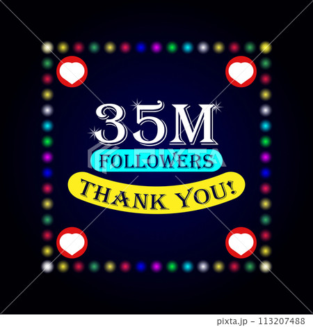 35M followers thank you greeting card with colorful lights on dark background 113207488
