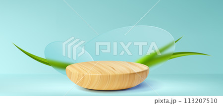 Wooden product podium with green grass leaf 113207510