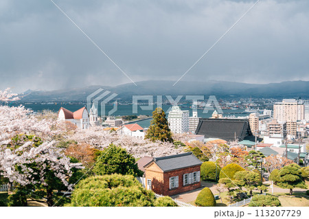Motomachi street and harbor view at spring in Hakodate, Hokkaido, Japan Motomachi street and harbor view at spring in Hakodate, Hokkaido, Japan 113207729
