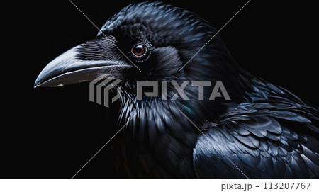 黒背景にカラスの顔のクローズアップ 113207767