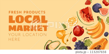 Set of fresh fruits. Agriculture, farmers market, local produce, shopping and harvesting, text poster. Vector flat illustration Set of fresh fruits. Agriculture, farmers market, local produce, shopping and harvesting, text poster. Vector flat illustration 113207838