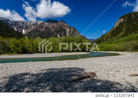Wide, clear river flowing through lush forest with background towering mountains Wide, clear river flowing through lush forest with background towering mountains 113207841
