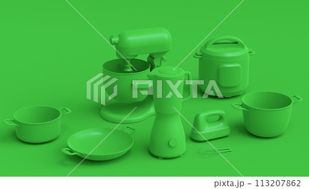 Electric kitchen appliances and utensils for making culinary on green monochrome 113207862