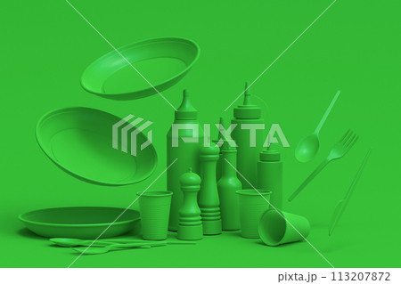 Set of disposable utensils like plate, folk, spoon,knife, cup and pepper mill Set of disposable utensils like plate, folk, spoon,knife, cup and pepper mill 113207872
