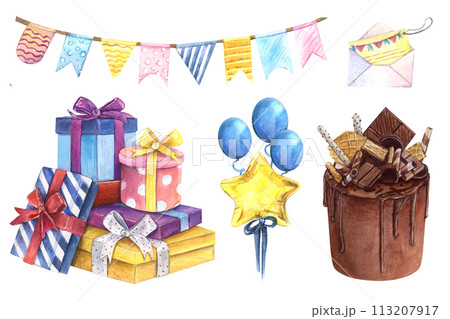 Birthday set cake chocolate watercolor drawing. Present box balloon star. Party garland invitation illustration. Decoration anniversary wedding greeting card aquarelle. Isolated white treat sweet  113207917