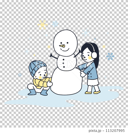 Illustration of men and women making snowmen 113207995