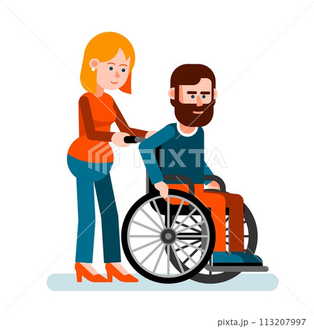 Man in Wheelchair Assisted by Woman 113207997