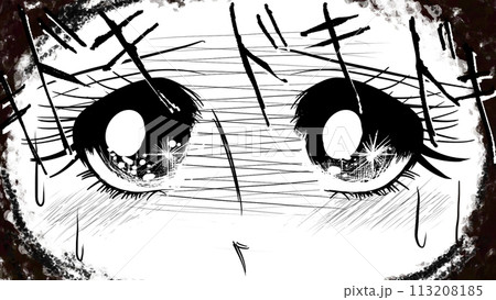 70年代少女漫画風の不安げな瞳で見つめる女性のドアップワイドサイズイラスト 113208185