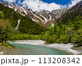 Snow covered mountain peaks with a green forest and fast flowing river below 113208342