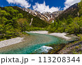 River Azusa flowing through the Kamikochi valley with snowy peaks (Kamikochi, Japan) 113208344