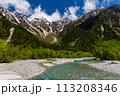 Clear, cold river running through a forested valley. River Azusa, Kamikochi, Japan 113208346