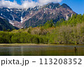 Shallow lake in front of forest and towering snow covered peaks (Hotaka Range, Kamikochi, Japan) 113208352