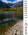 Shallow lake in front of forest and towering snow covered peaks (Hotaka Range, Kamikochi, Japan) 113208353