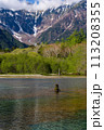 Lake and forest in front of towering, snow-capped mountains with a blue sky 113208355