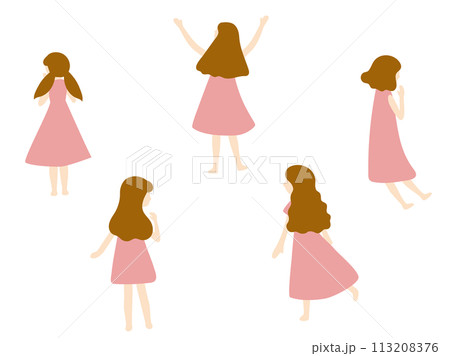 ワンピースを着た女性の後ろ姿イラストセット 113208376