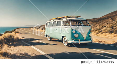 1960s California summer: vintage bus cruising coastal highway 113208445