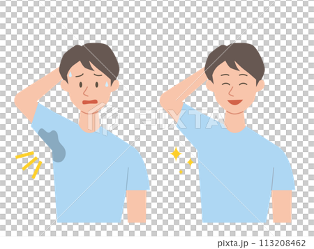 脇の汗染みに悩む男性のビフォーアフターのイラスト 113208462