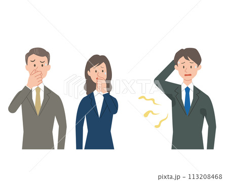 脇のにおいに悩むビジネスマンと不快に思う人たちのイラスト 脇のにおいに悩むビジネスマンと不快に思う人たちのイラスト 113208468