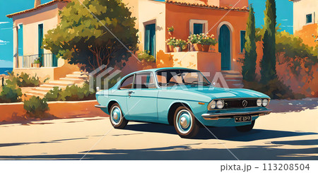 1980s car cruising along Italian coastline: minimalist summer scene 113208504