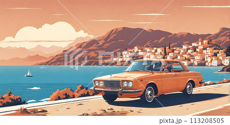 1980s car cruising along Italian coastline: minimalist summer scene 113208505