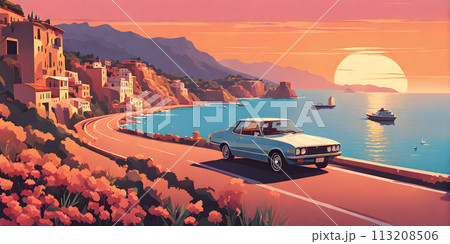 1980s car cruising along Italian coastline: minimalist summer scene 113208506