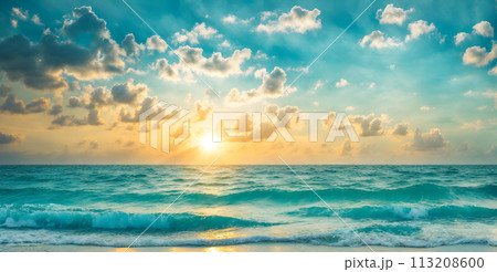 Turquoise sea and blue sunny sky background Turquoise sea and blue sunny sky background 113208600