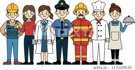 A group of people in various work uniforms, including a police officer A group of people in various work uniforms, including a police officer 113208630