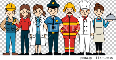 A group of people in various work uniforms, including a police officer A group of people in various work uniforms, including a police officer 113208630