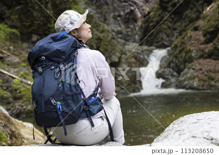 新緑のハイキングを楽しむ女性 113208650