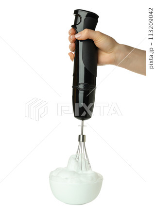 PNG, Bowl with cream and blender in hand, isolated on white background 113209042