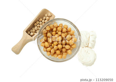 PNG, Marshmallow, scoop and bowl with chickpeas, isolated on white background, top view PNG, Marshmallow, scoop and bowl with chickpeas, isolated on white background, top view 113209050