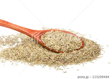 Dried rosemary spice in wooden spoon isolated on the white Dried rosemary spice in wooden spoon isolated on the white 113209484
