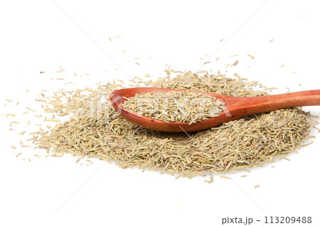 Dried rosemary spice in wooden spoon isolated on the white 113209488