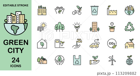 グリーンシティ　環境に優しい都市　アイコンセット　カラー 113209882