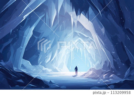 lost person in natural iced cave illustration 113209958