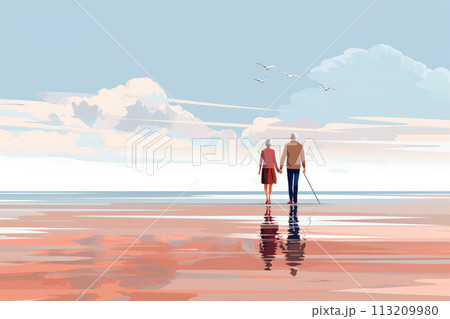 senior couple grandma and grandpa walk on the beach in summer illustration senior couple grandma and grandpa walk on the beach in summer illustration 113209980