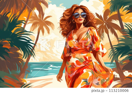 young woman in colorful dress on tropical beach illustration 113210006