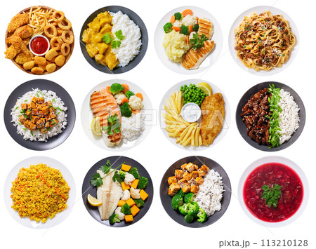 plates of food isolated on a white background, top view 113210128
