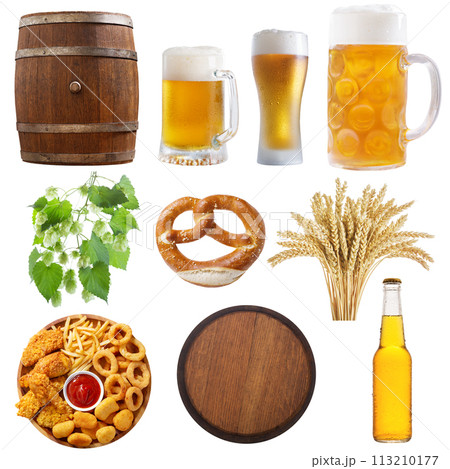 Beer collection. Various mugs of beer, green hop, wooden barrel, snack, wheat ears and bottle on white background 113210177