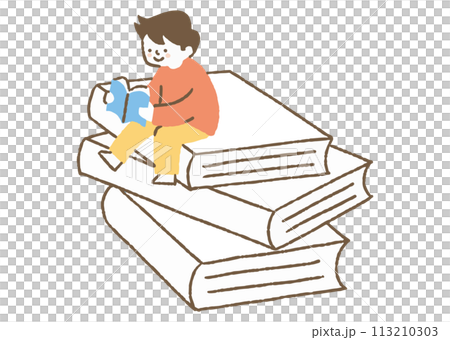 大きな本の上で読書する少年_色 113210303