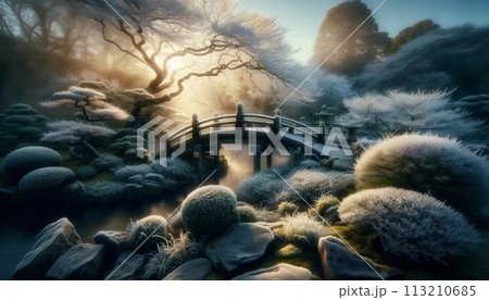 small stone bridge arching over a frozen creek in frosty morning Zen garden. Generative AI small stone bridge arching over a frozen creek in frosty morning Zen garden. Generative AI 113210685