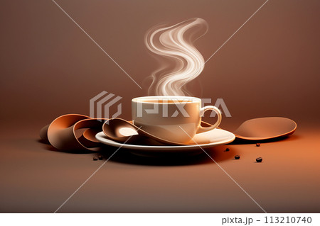 A brown cup of coffee on a brown background with a beautiful white steam. Banner for design. AI generated A brown cup of coffee on a brown background with a beautiful white steam. Banner for design. AI generated 113210740