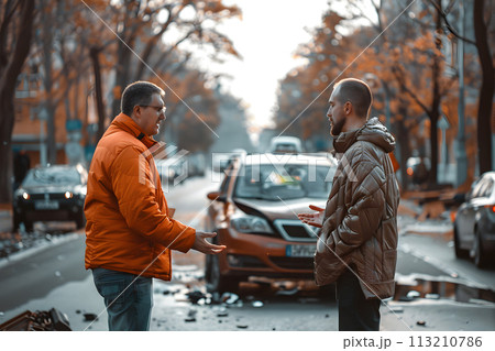 Car accident concept - men drivers discuss car crash 113210786
