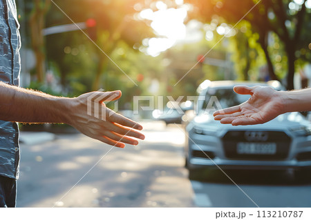Car accident concept - drivers argue after the car crash 113210787