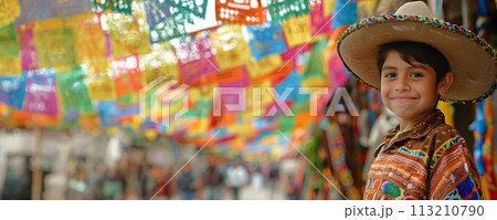 Cinco de Mayo concept - mexican boy in national costume during fiesta 113210790