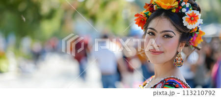 Cinco de Mayo concept - beautiful young Mexican female wearing national costume during outdoor fiesta celebration 113210792