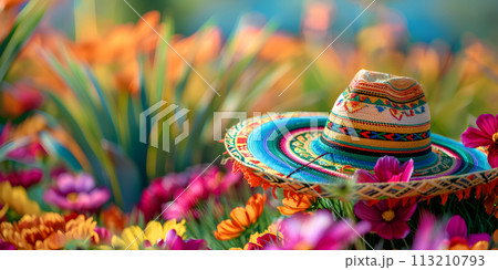 Cinco de Mayo concept - sombrero on colorful background 113210793