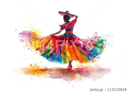 Cinco de Mayo watercolor concept - women in national dresses dancing during the carnival fiesta, isolated on white 113210826