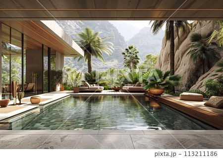 A pool villa resort living room interior with beach lounge and mountain, 3D rendering. 113211186